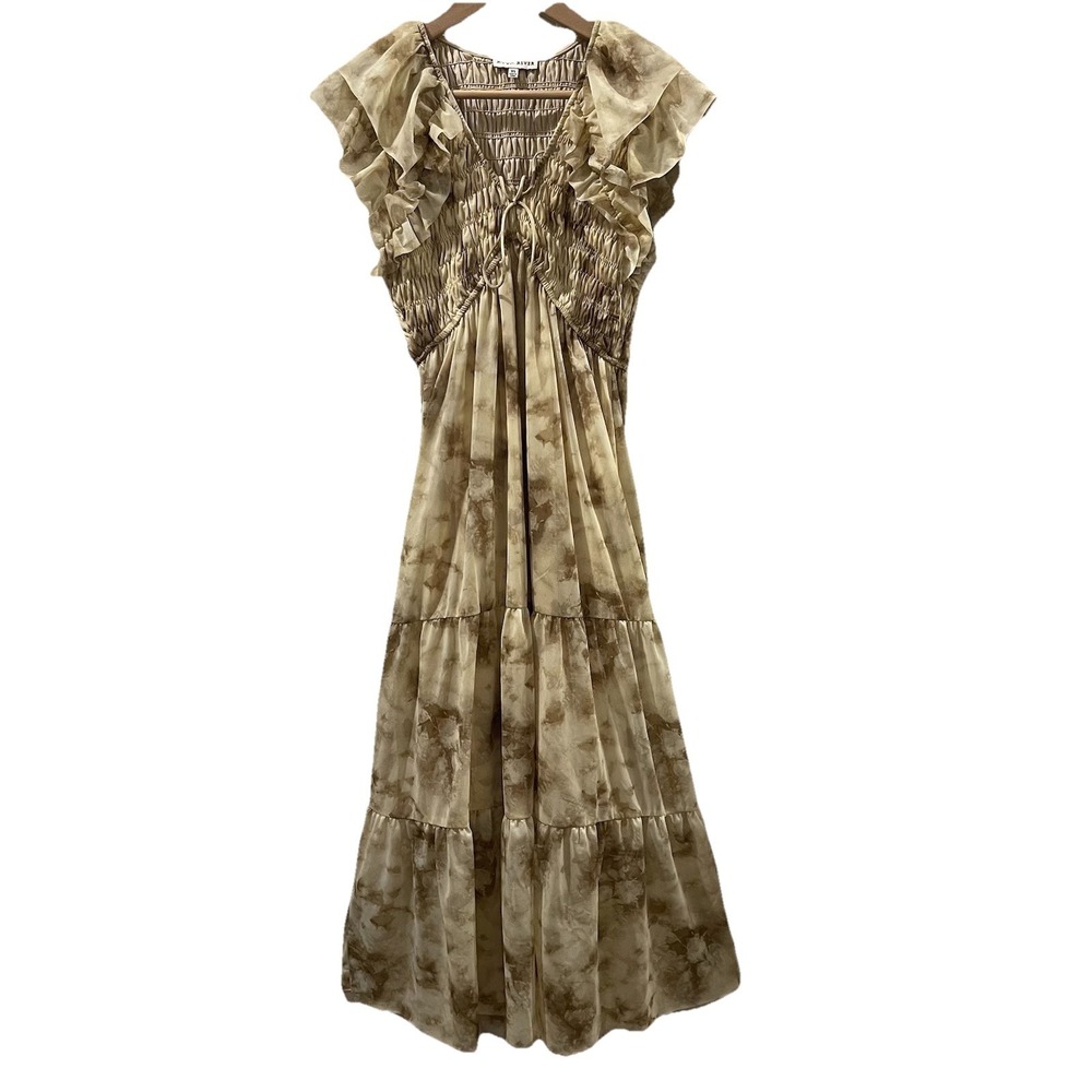 Moon River Maxi Dress Women XS Tan Tie Dye Smocked Ruffle Tiered Boho Cottage